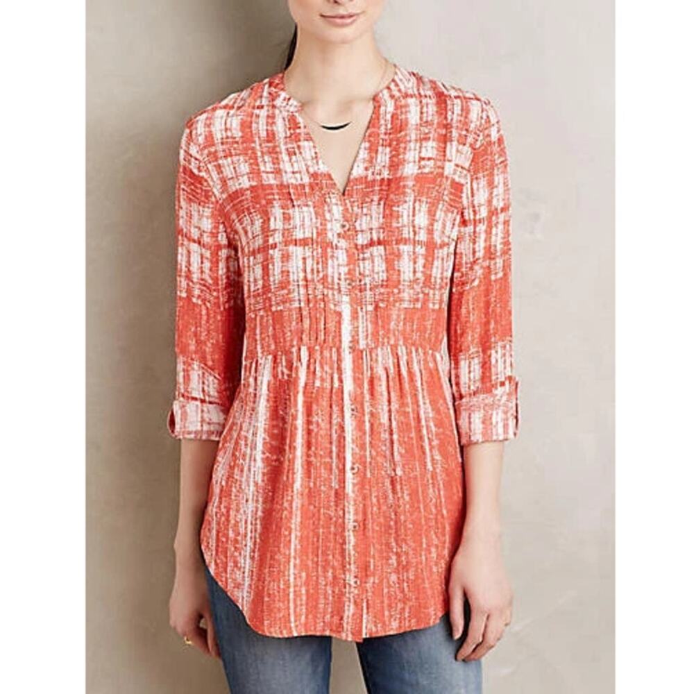 New MAEVE by Anthropologie Orange White Button Front Calia Tunic Top Size 4